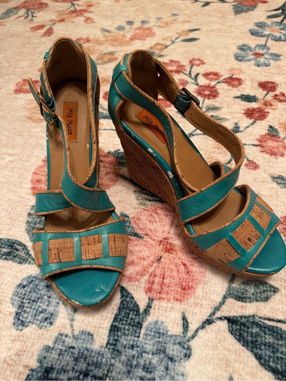Miz Mooz Teal and Cork Wedge Sandals